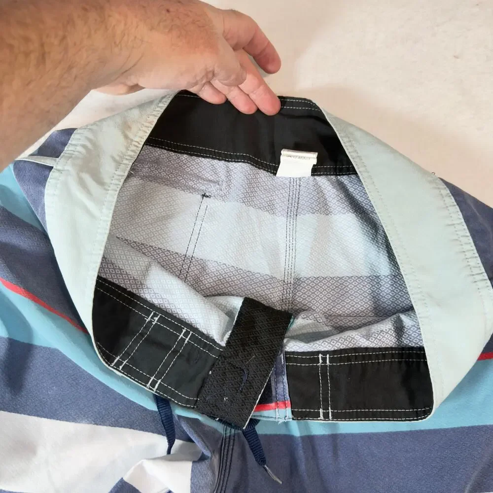 Quiksilver W34 Board Shorts Blue Stripe Swim Trunk Recycled Polyester Drawstring